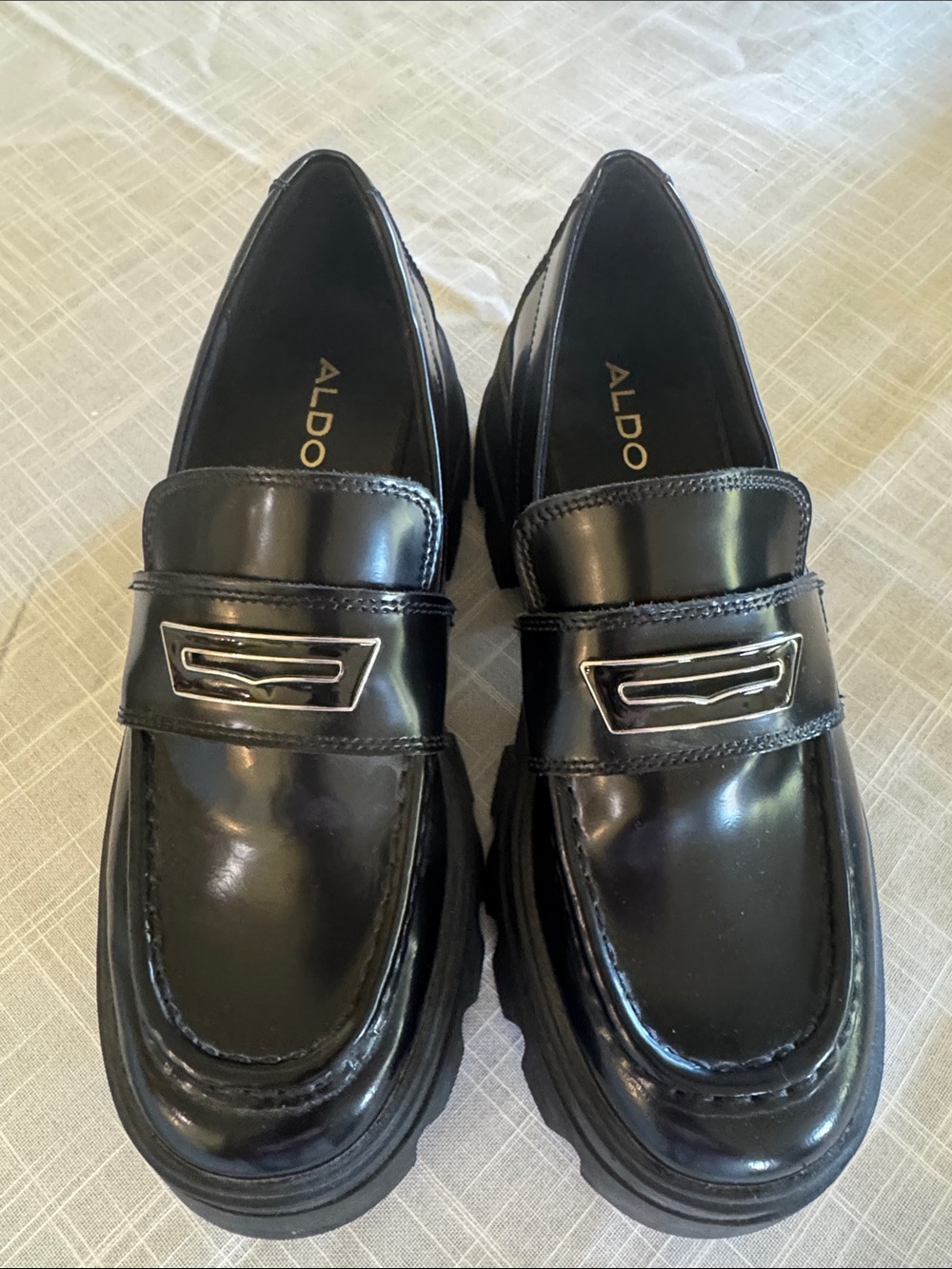 ALDO Black Patent Leather Chunky Penny Loafers with Silver Accent